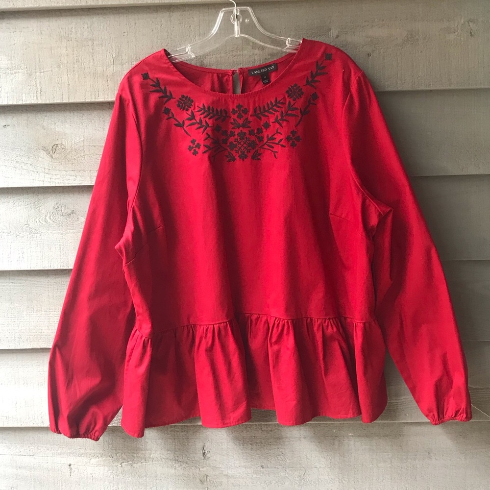 Lane Bryant Red Blouse with Black Embroidery